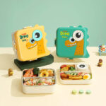 Dino Bento Lunch Box Stainless Steel Kids Lunch Box 3 Grids with Sauce Bowl