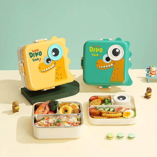Dino Bento Lunch Box Stainless Steel Kids Lunch Box 3 Grids with Sauce Bowl