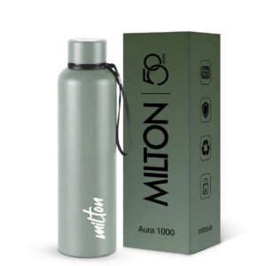 milton aura 1000 thermosteel water bottle 1 litre | 24 hours hot & cold | leak proof lid | stainless steel vacuum insulated bottle